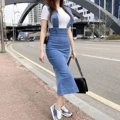 デニム ジャンパースカート マーメイドライン ロングワンピ ワンピース ジャンスカ 膝下 ロング ロング丈 マーメイド バックスリット ファスナー ハイウエスト デニム ブルーデニム かわいい 大人可愛い シンプル カジュアル 上品 おしゃれ 大人女子 こなれ