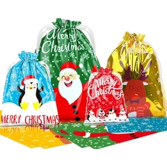 CINECE クリスマス ラッピング 袋 包装袋 リボン付き パーテイー用 グリーティングバッグ ロープ プレゼント用 8枚入 4サイズ各2枚 カラフル 4デザイン（A）