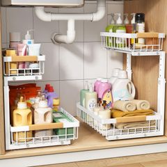新品 HASONA シンク下 収納 スライド式 キッチン収納 2個セット L字型 2段 引き出し シンク下収納ラック 洗面台下 調味料 収納 金属製 高さ調節可能 大容量 組立簡単 省スペース キッチン/洗面所/バスルーム ホワイト