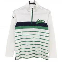 【美品】アディダス 長袖ハイネックシャツ 白×グリーン 前面ボーダー ハーフジップ 後ろ袖口糸引き レディース L/G ゴルフウェア adidas