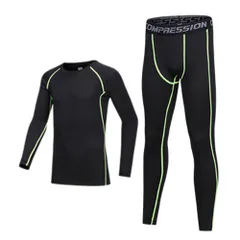 ☆ ブラック×グリーンライン ☆ 150(推奨140-150cm) ☆ こども スポーツインナー シャツ 上下セット pmykidsclo01 アンダーウェア 上下セット 子供 アンダーシャツ コンプレッションウェア インナーウェア スポーツインナー スパッツ