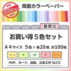 【特別価格】色画用紙 まとめ売り A4 最厚口タイプ（0.19㎜／5色×各20枚）全100枚／印刷対応カラーペーパー／カード・タグ・名札・展示札・作品台紙に