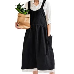 [SALUDABLE] 北欧風エプロン おしゃれでかわいい ワンピース H型 シンプル 保育士 ドレス コットン ナチュラル ロング丈 ポケット付き (ブラック)