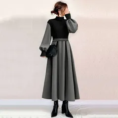 ニットワンピース  オシャレ ニットワンピース ロング 秋冬 ニットワンピース パフスリーブセーター Aラインスカート ゆったり 韓国風 大人 上品