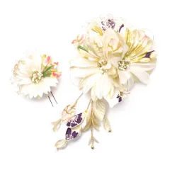 髪飾り 成人式 振袖 前撮り 袴 花 豪華2点セット 白 ゴールド ピンク ちりめん 下がり付き レース 和柄 ヘアアクセ かんざし No.9-4048