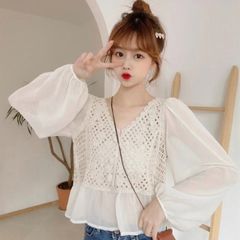 vネック ブラウス レース切り替え 韓国ファッション 春服 春コーデ 新品