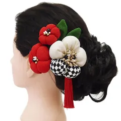 髪飾り 成人式 つまみ細工 赤 振袖 前撮り 袴 花 浴衣 夏祭り 花火大会 ２点セット 白 黒 椿 市松 浴衣 かんざし 髪型 ヘアス No.9-3817