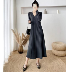 6 / 6 新品 着痩せプリーツワンピース ニットワンピース レディース ロＫングワンピース リブニット ロングニット 長袖 ニットワンピース カジュアル オフィス 大人 レディース