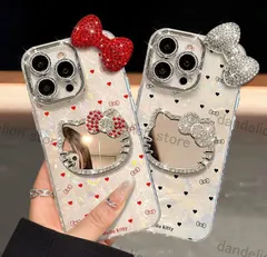 スマホケース　キティーちゃん　立体リボン　鏡　ミラー　ストラップ付き　カメラ保護　iPhone対応　アイフォンケース　iPhone16pro/16promax15/14/14/14/13/12/11　可愛いケース　海外限定　新品未使用　2カラー選択可能