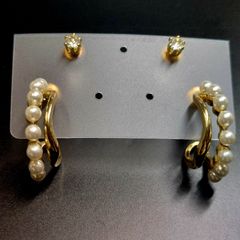 (21)ゴールド パールピアス 人工ダイヤ ジルコニア ピアス4点セット 高級感あり お洒落