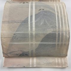袋帯 美品 秀品 夏帯 絽 草花 山並み 箔 ベージュ 六通 正絹 【中古】