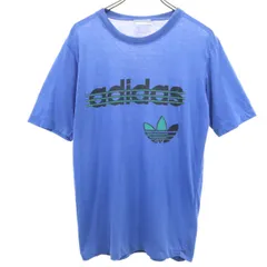 アディダス 80s オールド プリント トレフォイルロゴ 半袖 Tシャツ XL ブルー adidas メンズ 古着 【240321】 メール便可