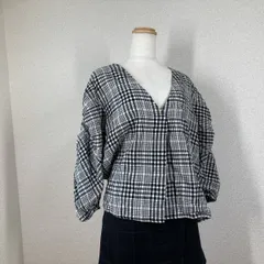 【ザラベーシック】シャツ　長袖　ブラウス　トップス　M　チェック ボリューム袖 オーバーブラウス 綿 コットン Vネック Y2K