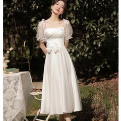 新品 未使用 2025新作 ホワイト ウェディングドレス 伴娘服 ロングドレス 方形ネック シースルー袖 春夏 高級感 姉妹ドレス 婚紗ドレス 結婚式 二次会 小柄さん向け