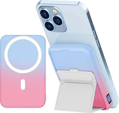 LUCKYDUO 互換品 Magsafeモバイルバッテリー マグネット10000mAh 大容量 急速充電 ワイヤレス モバイルバッテリー折りたたみ式スタンド 15W ワイヤレス充電/22.5W USB 出力/PD対応3台同時充電(ピンク＆ブルー)