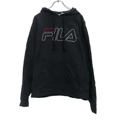 FILA ロゴ スウェット パーカー M ブラック ホワイト フィラ 裏起毛 フーディー ポケット 古着卸 アメリカ仕入 a510-6087