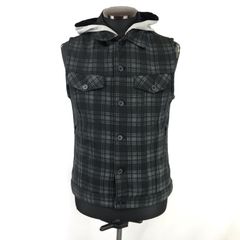 美品★PLUS ONE★着脱フード/ノースリーブパーカー/ベスト【メンズL/フェイクレイヤード/黒×グレー/チェック柄】2WAY/アウター/Jacket◆BJ072-c