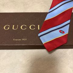 美品 GUCCI グッチ シルク 100％ レッド 赤 /ペールブルー ストライプ柄 254-718