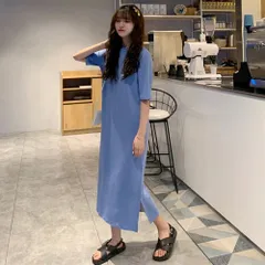 ☆ ブルー ☆ Mサイズ ☆ カジュアルロングワンピース 無地 ロングワンピース 半袖 カットソー ワンピース ワンピ ロング丈 レディース Tシャツワンピース ロングワンピ Tシャツワンピ クルーネック サイドスリット 吸湿性 通気性 ゆったり