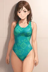 H190セールは1月末まで！アシックス♪ビビッドグリーンの抽象柄デザイン女子スポーツ水着♪練習やトレーニングや撮影用にも♪サイズM