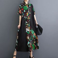 モード系  配色  ブラックプリント  ステッチデザイン ハーフスリーブ  ミディAライン  シャツドレス