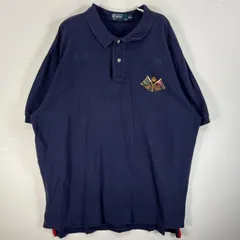 古着 90's/90年代 ポロバイラルフローレン Polo by Ralph Lauren 鹿の子 半袖 ポロシャツ 両面 デザイン ロゴ 刺繍 大きいサイズ XXL  ネイビー 無地 メンズ
