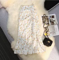 夏花 柄ワンピース ロング ドレス スカート マーメイド  Aライン シフォン   ベージュSベージュSP_0