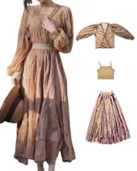 レディース 結婚式ドレス3点セットアップ パフスリーブ長袖ブラウス+キャミソール+レースロングスカート ゆったり仕様着痩せ きれいめレースドレス 上品ドレスおしゃれ シアー ワンピース きれいパーティー 結婚式 Collecala 通勤 二次会ワンピース