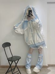 ゆるかわ×ロリータMIX♡ フード付きジャケットセット　3点セット　セットアップ　サブカル　半袖　地雷系　水色界隈　天使界隈　原宿　スタイル　ジャージ ハーフパンツ レッグウォーマー ヘッドドレス オタク オタ活 ライブ参戦  地雷系 地雷服 地雷 サブカル系