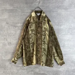 ユニセックス ヴィンテージ アンティーク ペイズリー 総柄 柄シャツ 長袖シャツ ポリシャツ 古着 ブラウン ベージュ  Lサイズ 11R