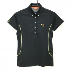 【超美品】プーマ 半袖ポロシャツ 黒×イエロー 地模様 サイドパイピングライン ロゴ刺しゅう レディース M ゴルフウェア PUMA