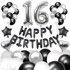 【数量限定】男の子 デコレーション 誕生日 誕生日 風船 シルバー ブラック BIRTHDAY」バナー 女の子 「HAPPY 組み合わせ 数字バルーン セット 飾り付け 16歳 60枚