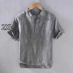[2XL]メンズ ファッション 服 男性用 オシャレ シンプル 大人 かっこいい 大きいサイズ ストリート 紳士服 夏 スタンドカラーリネン 半袖 シャツ プルオーバー 薄手 カジュアル レトロ ダメージ プリーツ コットン リネン 服