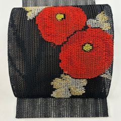 名古屋帯 秀品 八寸名古屋帯 松葉仕立て 夏帯 万寿菊 金銀糸 黒 正絹 【中古】