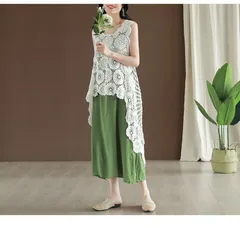 レースベスト ノースリーブ 花柄刺繍 重ね着 不規則ニット ジレ ロングベスト 透かし編み ゆったり M250315-216