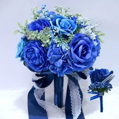 ブルーA misakinoyaウエディングブーケ ブートニア 花嫁ブーケ バラ 薔薇の花 ブライダルブーケ ラウンドブーケ 花束 造花 欧米風 挙式 結婚式 パーティー ニ次会 撮影 (ブルーA)