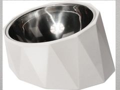 Behaniu 犬 猫 食器 ステンレス 犬 フードボウル Mサイズ 15度 白 新品 傾斜有 食べ易い 880ml メラミンスタンド 取り外し可 ダイヤモンド柄