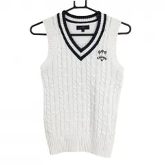 【美品】キャロウェイ ニットベスト 白×ネイビー ケーブル編み ウール混 Vネック レディース S ゴルフウェア Callaway
