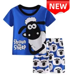 ✨新品✨ シャーン・ザ・シープ 子供用パジャマ 上下セット 半袖Tシャツ ショートパンツ 夏用 キッズ 男の子 女の子 100 110 120 130 青 ブルー ひつじのショーン キャラクター 部屋着 寝巻き 可愛い 綿100% プレゼント 誕生日