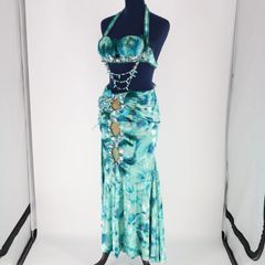 エジプト製 ベリーダンス用オリエンタル衣装】アクアブルー Eman Zaki