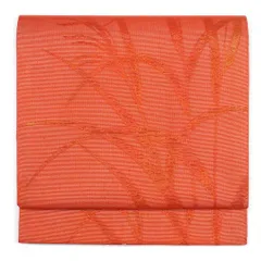 名古屋帯 幅30.5cm 長さ365cm レディース 植物 夏用 正絹（シルク）オレンジ地 やや難 リサイクル リメイク リユース【呉服のきくや】