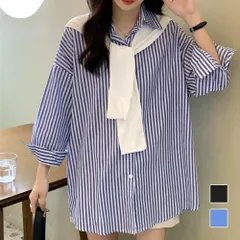 肩掛け付きストライプシャツ レディース 10代 20代 30代 韓国ファッション カジュアル 長袖 シンプル オフィス おしゃれ ブラウス 春 秋のサムネイル