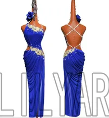 ラテンドレス ラテンワンピース ダンス衣装 刺繍 ロイヤルブルー オーダーメイド