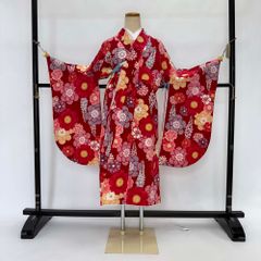 二尺袖 単品 卒業式着物 赤 裄68.5cm Lサイズ  袴用着物 化繊 中古 4532