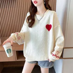 トレーナーレディーススウェットハート刺繍体型カバーロンTエンボス加工プルオーバーロゴトレーナー長袖Tシャツラウンドネック