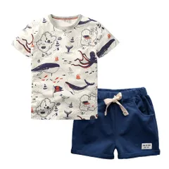 【人気商品】[KISBINI] 子供服 夏服 男の子 半袖Ｔシャツ+ハーフパンツ2点 綿 ボーイズトップ+パンツ 上下セット 男児 普段着 キッズ カジュアル 部屋着 車/恐竜/サメ柄90 100 110 120 130 140