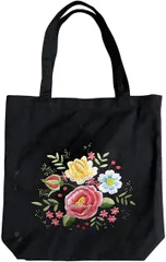 ADOSSY 刺繍バッグキット 刺繍キット セット シンプル 手作り DIY 花柄 トートバッグ( ブラック)