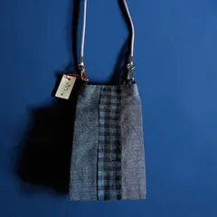 小千谷縮　スマホショルダーバッグ　着物リメイク　ハンドメイド　紺色系
