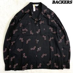 BACKERS オープンカラーシャツ 開襟シャツ アロハシャツ 総柄 バティック 幾何学模様 クリーニング済 ロングスリーブ 長袖 Mサイズ ブラック 黒 バッカーズ