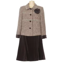 Leilian★3点セット♪千鳥格子ツイード ジャケット ベロア スカート コサージュ 茶系 サイズ7 秋冬 着回し力◎ オケージョンに z4860